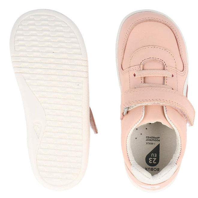 Top and bottom view of the Bobux Kids IWalk IW Comet Sneaker in Seashell Pink/White, featuring a retro design, velcro strap, flexible white sole, size 23 EU on the insole, and visible outsole tread pattern., 9420075706286, 9420075706293, 9420075706309, 9420075706316, 9420075706323