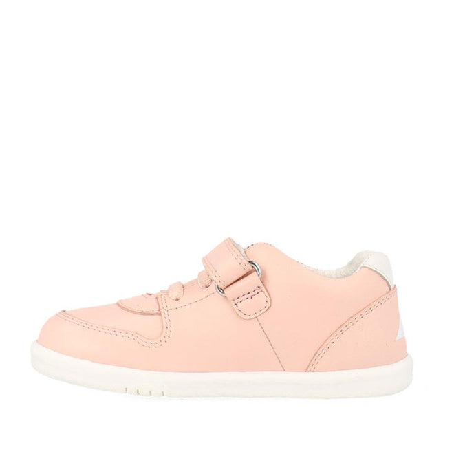 The Bobux Kids IWalk IW Comet Sneaker in Seashell Pink/White is a retro-inspired kids' shoe with a flexible white sole, velcro strap, lace-up detail, and white heel accents. Shown in side profile on a plain white background., 9420075706286, 9420075706293, 9420075706309, 9420075706316, 9420075706323