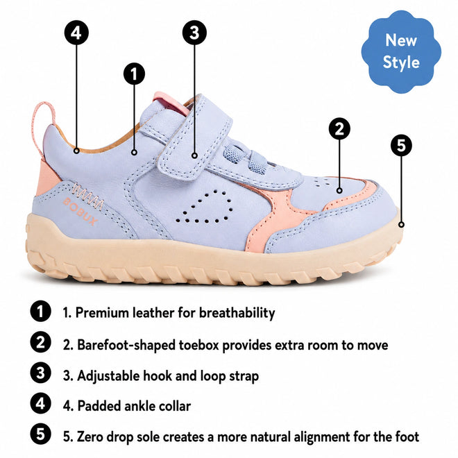 Introducing the Bobux IW Iwalk Neo Toddlers Leather Sneaker Navy Barefoot—navy leather sneakers for toddlers with a beige sole, crafted from premium leather and designed with a barefoot-shaped toebox, zero drop sole for natural foot alignment, an easy hook and loop strap, and a padded ankle collar—ideal barefoot shoes to support healthy growth in little feet., 9420074854759, 9420074854766, 9420074854773, 9420074854780