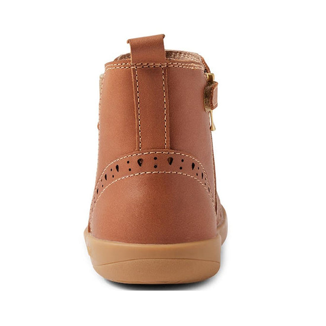 Rear view of the Bobux Kid+ KP Billie 2 II Girls Leather Boot in Caramel Tan with decorative stitching, heel loop, flexible design, and light brown rubber sole shown on a white background., 9420074867179, 9420074867186, 9420074867193, 9420074867209, 9420074867216, 9420074867223, 9420074867230