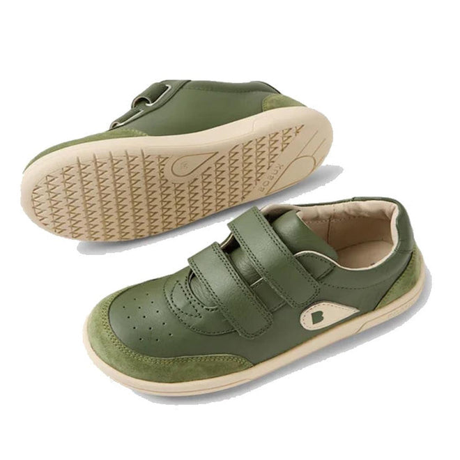 The Bobux KP Kids Plus Champ II Sneaker in Bronze Green Juniors features leather uppers, beige durable soles, two adjustable velcro straps, a rounded toe, and front perforated detail; shown from the side and bottom views., 9420074829573, 9420074829580, 9420074829597, 9420074829603, 9420074829610