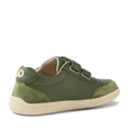 The Bobux KP Kids Plus Champ II Sneaker in Bronze Green Juniors features green leather, a beige durable sole, two adjustable straps, and suede heel and toe caps, shown angled on a white background., 9420074829573, 9420074829580, 9420074829597, 9420074829603, 9420074829610