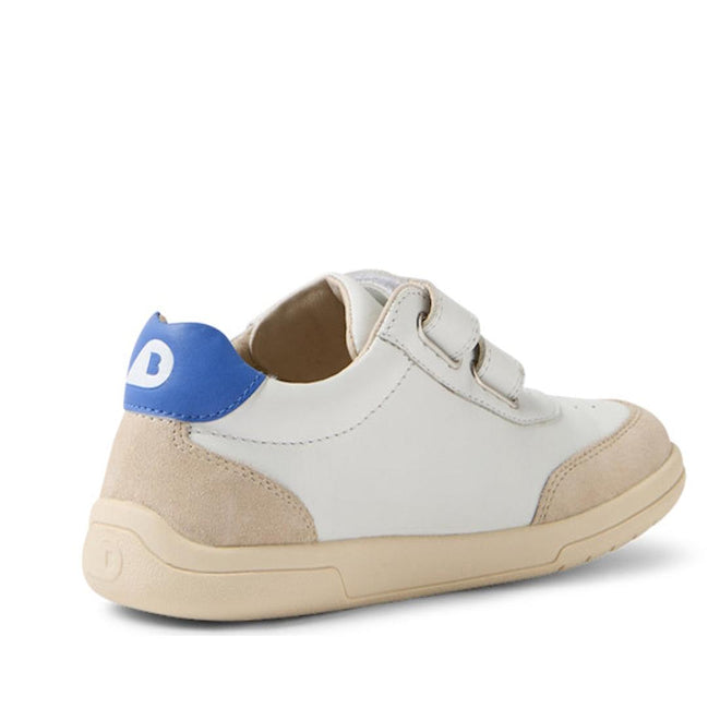 The Bobux KP Kids Plus Champ II Sneaker White Blue Juniors features a white and beige leather design, blue heel accent, adjustable Velcro straps, and a durable beige sole, shown from the back., 9420074829924, 9420074829931, 9420074829948, 9420074829955, 9420074829962