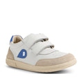 The Bobux KP Kids Plus Champ II Sneaker White Blue Juniors features white and beige leather, blue accents, dual adjustable straps, a sturdy rubber sole, and perforated toes—perfect for comfort and everyday casual wear., 9420074829924, 9420074829931, 9420074829948, 9420074829955, 9420074829962