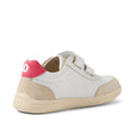 The Bobux KP Kids Plus Champ II Sneaker White Raspberry Juniors is a white and beige leather kids’ sneaker with tan flexible sole, beige suede accents, two Velcro straps, and a bright pink heel section featuring a white “B.” Back and side are shown., 9420074829856, 9420074829863, 9420074829870, 9420074829887, 9420074829894