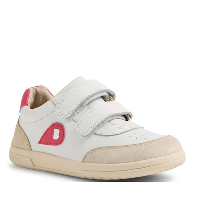 The Bobux KP Kids Plus Champ II Sneaker White Raspberry Juniors features white leather, beige suede accents, Velcro straps, a flexible beige sole, and pink details with a white “B” on the heel and side patch., 9420074829856, 9420074829863, 9420074829870, 9420074829887, 9420074829894