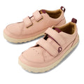The Bobux Kid+ Dawn Leather Sneaker in Cameo Rose Pink Alpha features a barefoot-shaped toe box, beige soles, two Velcro straps, maroon side logo and pull tabs, offering zero drop design and natural comfort for kids., 9420068565647, 9420068565654, 9420068565661, 9420068565678, 9420068565685, 9420068565692, 9420068565708