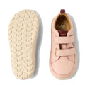 The Bobux Kid+ Dawn Leather Sneaker Cameo Rose Pink Alpha is shown with one shoe displaying the barefoot-shaped toe-box and branding, and the other flipped to highlight its textured cream-colored sole. Both feature two Velcro straps., 9420068565647, 9420068565654, 9420068565661, 9420068565678, 9420068565685, 9420068565692, 9420068565708