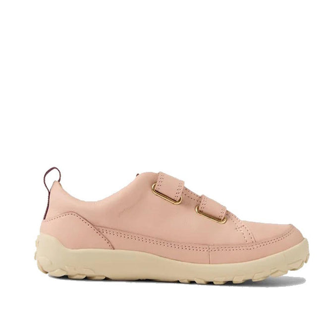 The Bobux Kid+ Dawn Leather Sneaker in Cameo Rose Pink Alpha features pale pink leather, a barefoot-shaped toe box, two hook-and-loop straps with gold buckles, a textured off-white sole, and a heel pull tab, shown on a white background., 9420068565647, 9420068565654, 9420068565661, 9420068565678, 9420068565685, 9420068565692, 9420068565708
