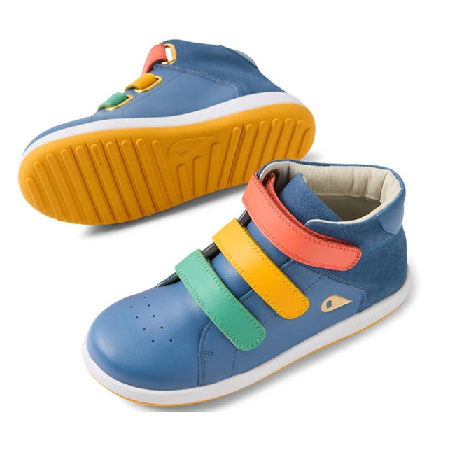 The Bobux KP Kids Plus Juniors Gamepoint Leather Boot in Coronet Blue features a playful, colorful design with toe perforations, red, yellow, and green adjustable straps, and durable yellow outsoles for extra grip., 9420074815477, 9420074815484, 9420074815491, 9420074815507, 9420074815514, 9420074815521, 9420074815538