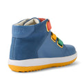 The Bobux KP Kids Plus Juniors Gamepoint Leather Boot in Coronet Blue features colorful adjustable straps, a white sole, and a yellow rubber outsole. BOBUX is embossed on the heel. The boot is shown from a rear side angle., 9420074815477, 9420074815484, 9420074815491, 9420074815507, 9420074815514, 9420074815521, 9420074815538