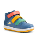 The Bobux KP Kids Plus Juniors Gamepoint Leather Boot Coronet Blue is a blue high-top sneaker with red, yellow, and green adjustable straps, a yellow rubber outsole, and a small silver logo on the side., 9420074815477, 9420074815484, 9420074815491, 9420074815507, 9420074815514, 9420074815521, 9420074815538
