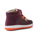 The Bobux KP Kids Plus Juniors Gamepoint Leather Boot in Fig Purple is a maroon high-top kids boot with pink and red velcro straps, yellow strap accents, a white midsole, orange rubber sole, and "BOBUX" embossed on the maroon heel., 9420074815330, 9420074815347, 9420074815354, 9420074815361, 9420074815378, 9420074815385, 9420074815392