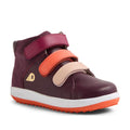 The Bobux KP Kids Plus Juniors Gamepoint Leather Boot Fig Purple is a high-top sneaker with a burgundy leather and suede upper, three adjustable straps in burgundy, orange, and beige, an orange rubber sole, and a white midsole., 9420074815330, 9420074815347, 9420074815354, 9420074815361, 9420074815378, 9420074815385, 9420074815392