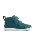 Bobux KP Grass Court High II Boot Mediterranean Green Juniors: kids' leather high-top sneakers with adjustable Velcro straps, premium leather upper, white sole, heel pull tab, and side perforated teardrop design. Shown in right-facing profile view., 9420074859099, 9420074859105, 9420074859112, 9420074859129, 9420074859136, 9420074859143, 9420074859150