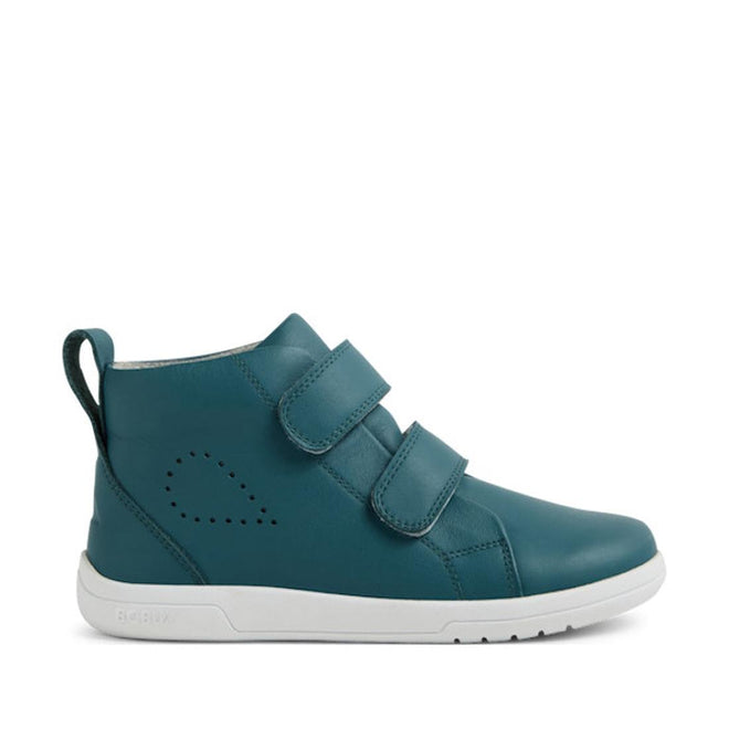 Bobux KP Grass Court High II Boot Mediterranean Green Juniors: kids' leather high-top sneakers with adjustable Velcro straps, premium leather upper, white sole, heel pull tab, and side perforated teardrop design. Shown in right-facing profile view., 9420074859099, 9420074859105, 9420074859112, 9420074859129, 9420074859136, 9420074859143, 9420074859150