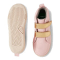 The Bobux KP Grass Court High II Boot Ballet Pink Juniors is a kids' leather high-top sneaker with two beige adjustable straps. One shoe is top view; the other shows the textured white sole with a heart-shaped 20 SOUL imprint., 9420074831040, 9420074831057, 9420074831064, 9420074831071, 9420074831088