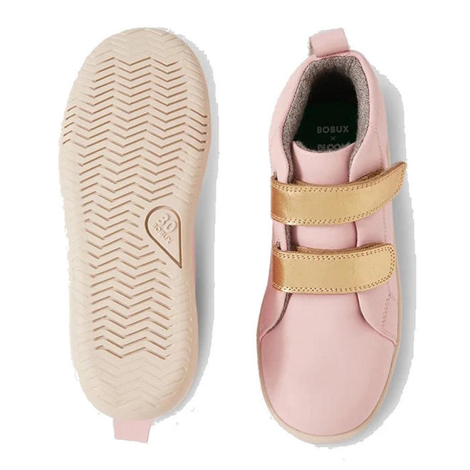 The Bobux KP Grass Court High II Boot Ballet Pink Juniors is a kids' leather high-top sneaker with two beige adjustable straps. One shoe is top view; the other shows the textured white sole with a heart-shaped 20 SOUL imprint., 9420074831040, 9420074831057, 9420074831064, 9420074831071, 9420074831088