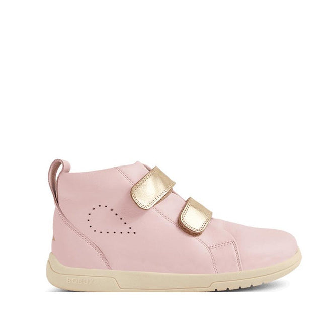 The Bobux KP Grass Court High II Boot Ballet Pink Juniors is a kids’ pink leather high-top sneaker with two metallic gold hook-and-loop straps, a cream sole, and a small perforated heart on the side., 9420074831040, 9420074831057, 9420074831064, 9420074831071, 9420074831088