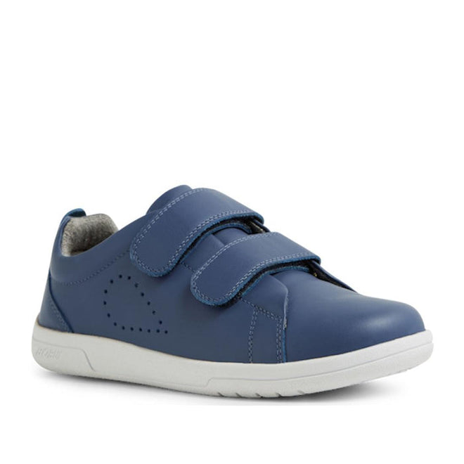 The Bobux KP Kids Plus Grass Court II Leather Sneaker in Vintage Indigo Blue features two wide Velcro straps, a white sole, and a subtle perforated side pattern—offering stylish, practical casual wear for kids., 9420074859440, 9420074859457, 9420074859464, 9420074859471, 9420074859488, 9420074859495, 9420074859501