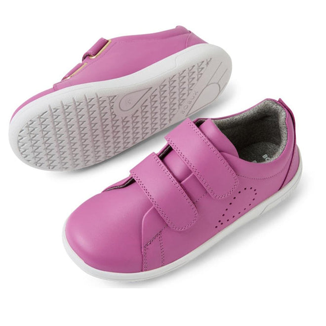 The Bobux KP Kids Plus Grass Court II Leather Sneaker in Cattleya Orchid Purple features white soles, double adjustable Velcro straps, and side perforations. One shoe is shown from the side; the other displays its textured sole., 9420074859372, 9420074859389, 9420074859396, 9420074859402, 9420074859419, 9420074859426, 9420074859433