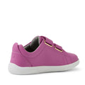 The Bobux KP Kids Plus Grass Court II Leather Sneaker in Cattleya Orchid Purple features double Velcro straps, gold details, a Bloom EVA footbed, white sole, and low-cut design, shown side-on against a white background., 9420074859372, 9420074859389, 9420074859396, 9420074859402, 9420074859419, 9420074859426, 9420074859433