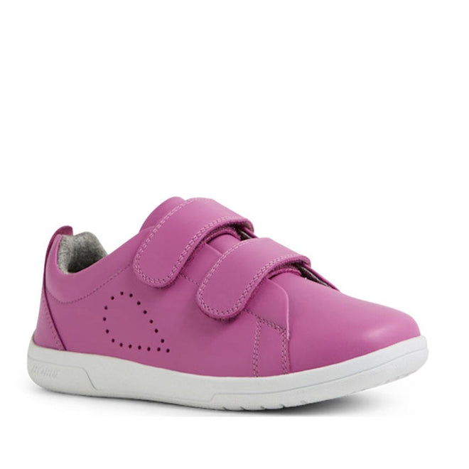 The Bobux KP Kids Plus Grass Court II Leather Sneaker in Cattleya Orchid Purple features double adjustable Velcro straps, a white sole, side perforation detail, and a comfy Bloom EVA footbed for all-day support., 9420074859372, 9420074859389, 9420074859396, 9420074859402, 9420074859419, 9420074859426, 9420074859433