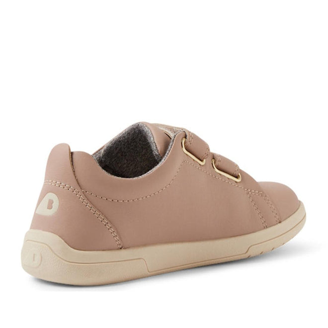 The Bobux KP Kids Plus Grass Court 2 II Leather Sneaker in Warm Taupe features double adjustable velcro straps, gold eyelets, a cream rubber sole, and soft inner lining, shown from the outer side and heel., 9420074831460, 9420074831477, 9420074831484, 9420074831491, 9420074831507
