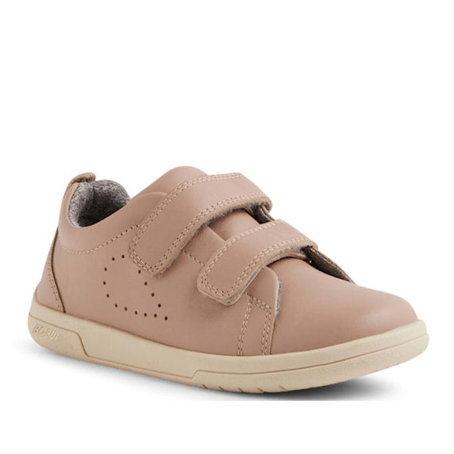 The Bobux KP Kids Plus Grass Court 2 II Leather Sneaker in Warm Taupe features light brown leather, double Velcro straps, side perforations, a Bloom EVA footbed, and a beige rubber sole for kids., 9420074831460, 9420074831477, 9420074831484, 9420074831491, 9420074831507