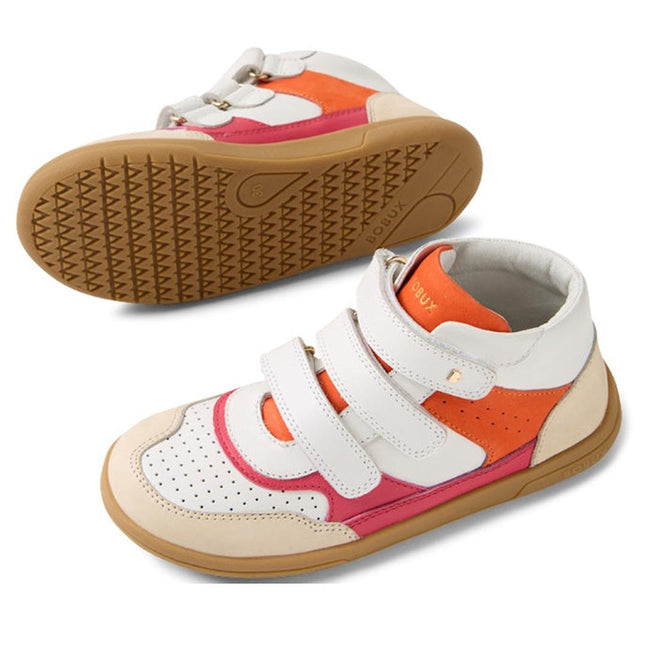 The Bobux KP Kids Plus Harley Ankle Leather Boot in Radiant Raspberry for juniors features white, orange, and pink panels, beige durable soles, two adjustable Velcro straps, and a textured rubber sole visible when one shoe is on its side., 9420074833648, 9420074833655, 9420074833662, 9420074833679