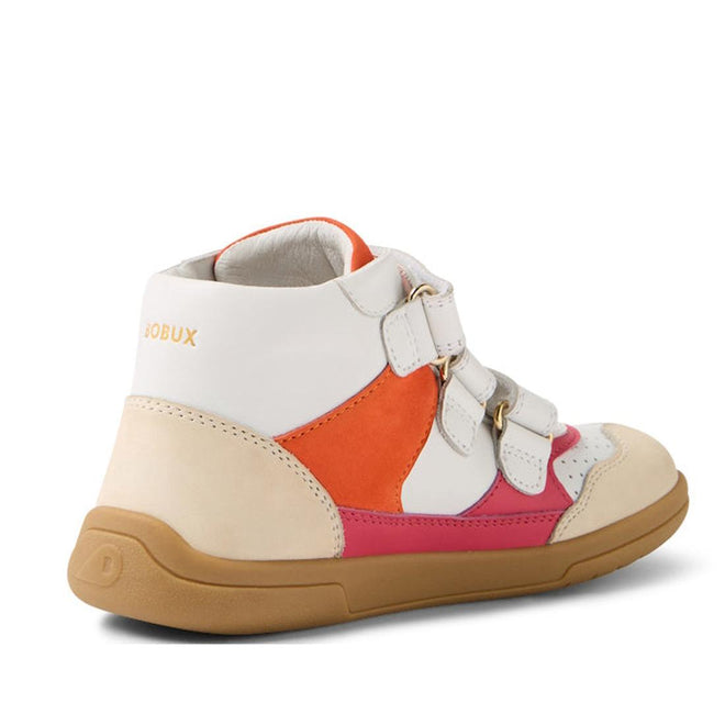 The Bobux KP Kids Plus Harley Ankle Leather Boot in Radiant Raspberry for juniors is shown from a side-rear angle, featuring a beige durable sole, white upper, orange and pink panels, gold details, double Velcro straps, and “BOBUX” printed in gold near the heel., 9420074833648, 9420074833655, 9420074833662, 9420074833679
