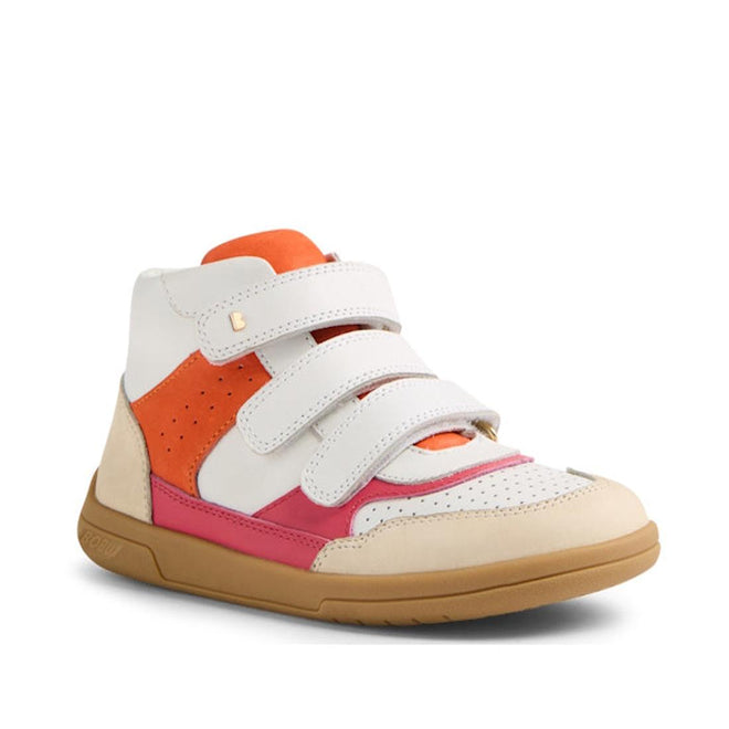The Bobux KP Kids Plus Harley Ankle Leather Boot Radiant Raspberry Juniors is a high-top with a durable beige sole, white, orange, and pink panels, and three adjustable Velcro straps for easy fastening., 9420074833648, 9420074833655, 9420074833662, 9420074833679