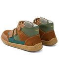 The Bobux KP Kids Plus Harley Ankle Leather Boot in Caramel Tan for juniors features high-top design, brown, green, and teal panels, a durable sole, two adjustable Velcro straps, and gold BOBUX branding on the back., 9420074833716, 9420074833723, 9420074833730, 9420074833747, 9420074833754