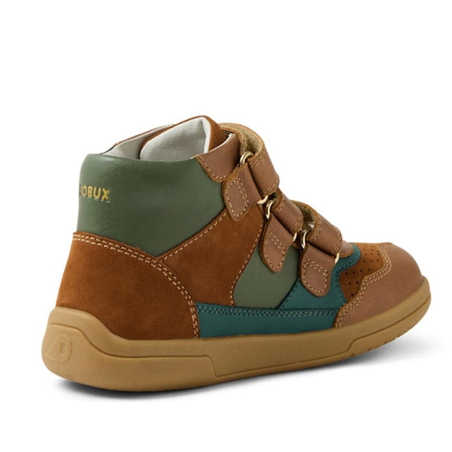 The Bobux KP Kids Plus Harley Ankle Leather Boot in Caramel Tan is a kids’ high-top sneaker with suede accents, adjustable straps, a durable tan sole, and “BOBUX” printed in yellow near the ankle., 9420074833716, 9420074833723, 9420074833730, 9420074833747, 9420074833754