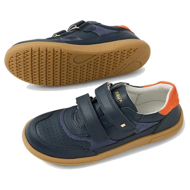 The Bobux KP Kids Plus Hunter Leather Sneaker in Navy for juniors features dark blue leather, gum soles, orange heel accents, and two Velcro straps. Shown from the side and bottom on a white background., 9420074834355, 9420074834362, 9420074834379, 9420074834386