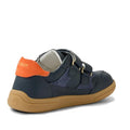 The Bobux KP Kids Plus Hunter Leather Sneaker in Navy for juniors features dark blue Quickdry leather, a tan rubber sole, orange heel accent, and double velcro straps. Shown from the back and side., 9420074834355, 9420074834362, 9420074834379, 9420074834386