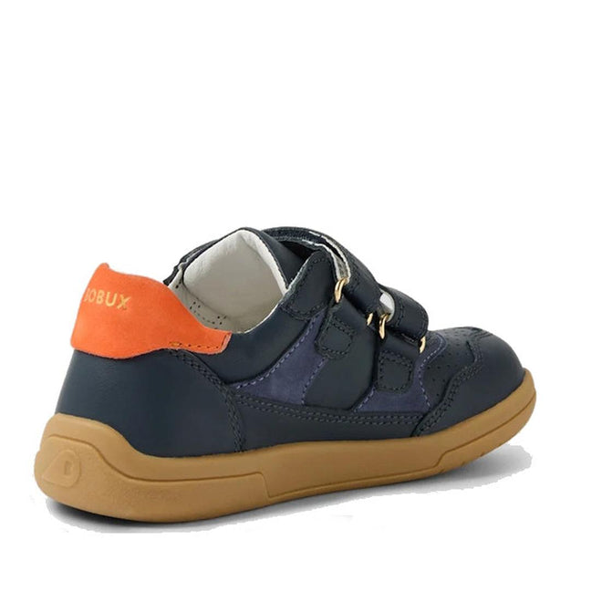 The Bobux KP Kids Plus Hunter Leather Sneaker in Navy for juniors features dark blue Quickdry leather, a tan rubber sole, orange heel accent, and double velcro straps. Shown from the back and side., 9420074834355, 9420074834362, 9420074834379, 9420074834386