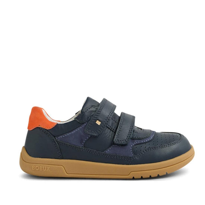 The Bobux KP Kids Plus Hunter Leather Sneaker Navy Juniors features navy leather, two adjustable straps, a tan rubber sole, an orange heel accent, and the BOBUX logo embossed on the side of the sole., 9420074834355, 9420074834362, 9420074834379, 9420074834386