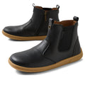 The Bobux KP Kids Plus Jodhpur II Juniors Leather Boot in black features tan flexible soles, side zippers, elastic panels, and back pull tabs. Displayed on a white background., 9420074834775, 9420074834812, 9420074834829, 9420074834836