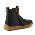The Bobux KP Kids Plus Jodhpur II Juniors Leather Boot in Black features a tan flexible sole, visible side zipper, front and back pull tabs, and subtle stitching. Displayed at an angle to show the outer side and heel., 9420074834775, 9420074834812, 9420074834829, 9420074834836