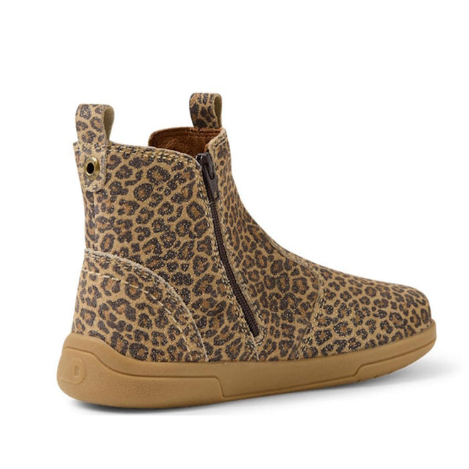 The Bobux KP Kids Plus Jodhpur II Juniors Leather Boot Leopard Shimmer is an ankle-high boot with a brown sole, tan and black leopard print, side zipper, and back pull tab., 9420074834638, 9420074834645, 9420074834652, 9420074834669, 9420074834676, 9420074834683, 9420074834690