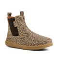 The Bobux KP Kids Plus Jodhpur II Juniors Leather Boot Leopard Shimmer is an ankle-high boot featuring a tan and brown leopard print, brown elastic side panels, pull tab, and a light brown rubber sole., 9420074834638, 9420074834645, 9420074834652, 9420074834669, 9420074834676, 9420074834683, 9420074834690