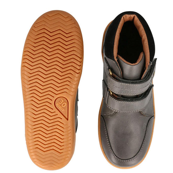 The Bobux Kid+ Timber Boot Charcoal 832924 features a gray upper with Velcro straps and a tan rubber sole with a chevron pattern—perfect first walkers boots, shown from above and below., 9420075797536, 9420075796652, 9420075796669, 9420075796539, 9420075796263, 35618, 35619
