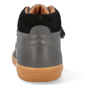 A rear view of the Bobux Kid+ Timber Boot Charcoal 832924, a gray and black children's sneaker featuring a tan rubber sole, visible stitching, and a partially open Velcro strap, similar to classic first walkers boots., 9420075797536, 9420075796652, 9420075796669, 9420075796539, 9420075796263, 35618, 35619