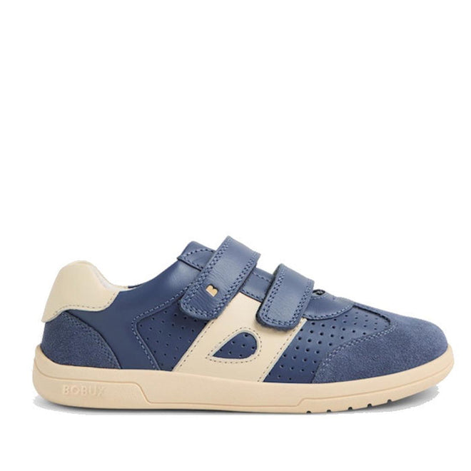 The Bobux KP Kids Plus Titan Juniors Leather Sneaker in Vintage Indigo Blue is a children's shoe with two velcro straps, perforated details, a cream sole, leather and suede textures, and BOBUX branding on the sole., 9420074855824, 9420074855831, 9420074855848, 9420074855855