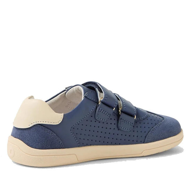 The Bobux KP Kids Plus Titan Juniors Leather Sneaker in Vintage Indigo Blue features perforated leather sides, suede accents, two hook-and-loop straps, a durable beige sole, and a contrasting light beige heel for added style., 9420074855824, 9420074855831, 9420074855848, 9420074855855