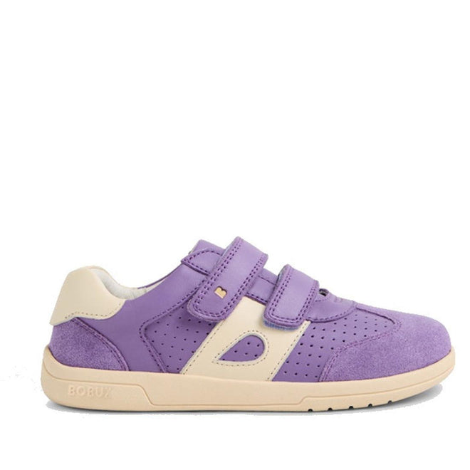 The Bobux KP Kids Plus Titan Juniors Leather Sneaker in Purple Haze features two velcro straps, perforated details, and a rubber sole, shown side profile against a white background., 9420074855961, 9420074855978, 9420074855985, 9420074855992, 9420074856005, 9420074855961, 9420074855978, 9420074855985, 9420074855992, 9420074856005, 9420074856012, 9420074856029