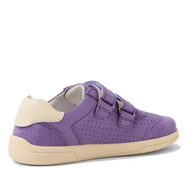 The Bobux KP Kids Plus Titan Juniors Leather Sneaker in Purple Haze features adjustable hook-and-loop straps, perforated side panels, a cream heel accent, and a beige flexible sole, shown here in a side view., 9420074855961, 9420074855978, 9420074855985, 9420074855992, 9420074856005, 9420074855961, 9420074855978, 9420074855985, 9420074855992, 9420074856005, 9420074856012, 9420074856029