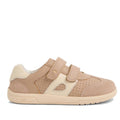 The Bobux KP Kids Plus Titan Juniors Leather Sneaker in Warm Taupe features beige and cream tones, suede and perforated details, two Velcro straps, a rubber sole, and is shown in a side profile view., 9420074855893, 9420074855909, 9420074855916, 9420074855923