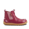 The Bobux KP Kids Plus Trail Leather Boot Juniors in Beaujolias Purple Alpha features a barefoot-shaped toe box, side elastic panel, pull tabs, tan zero drop sole, and a pink accent near the heel, shown in side profile on a white background., 9420068563841, 9420068563858, 9420068563865, 9420068563872, 9420068563889, 9420068563896, 9420068563902